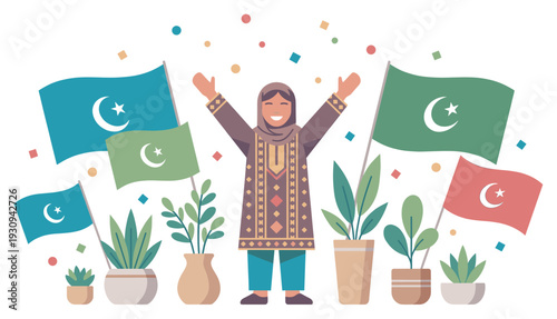 Joyful woman celebrates national pride and cultural heritage with arms raised amidst flags and colorful confetti.