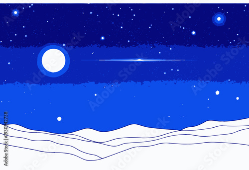 Night Sky with Bright Full Moon Over Snowy Hills and Shooting Star Under a Clear, Starlit Sky Inspiring Awe and Wonderment of the Cosmic Universe