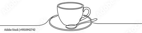 Coffee cup saucer spoon continuous line drawing art representing a minimalist hot beverage concept for cafes and restaurants.