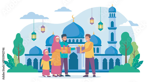 Muslim family joyfully exchanges gifts in front of a mosque, celebrating a special occasion with decorative lanterns.