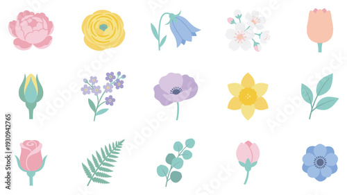 Charming assortment of flat design spring flowers and botanical elements in soft pastel colors, perfect for seasonal decoration.