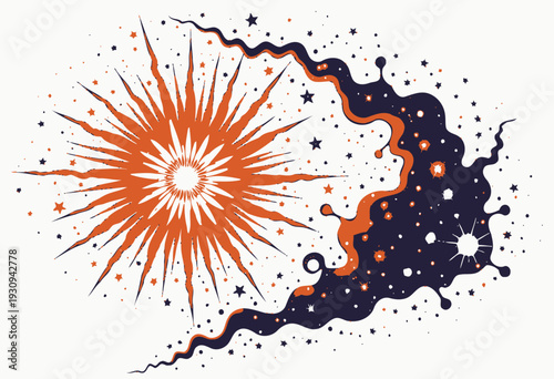 Vivid Cosmic Illustration Featuring Radiant Sunburst with Expanding Starry Nebula in Space, Creating a Dynamic Contrast of Light and Colorful Celestial Patterns