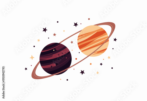 Colorful Artistic Depiction of Planets and Stars with Rings in a Simplified Cosmic Scene