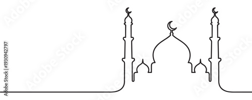 Continuous line drawing mosque silhouette with crescent moon symbols representing Islamic culture and religious architecture.