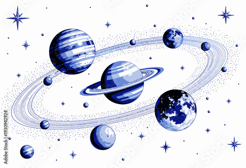 Illustrated Celestial Display of Multiple Planets with Rings and Stars in a Cosmic Dance of Intricate Blue and White Patterns