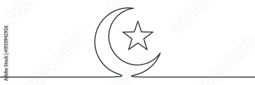 Continuous line drawing crescent moon and star symbol representing Islamic faith and culture with elegant simplicity.