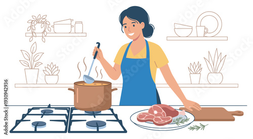 Smiling woman cooking delicious meal in kitchen, preparing a healthy dinner with fresh ingredients on the stovetop.
