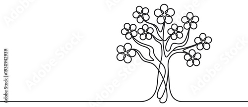 Continuous line art drawing tree with blooming flowers represents growth, nature, and the beauty of spring in a minimalist style.