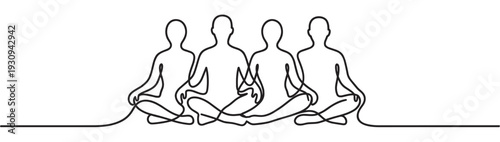 Four people meditating together in a continuous line art drawing, symbolizing peace, mindfulness, and spiritual well-being in a group setting.