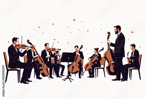Group of Musicians Performing with Various String Instruments Including Violin, Cello, and Double Bass in a Harmonious Ensemble Setup