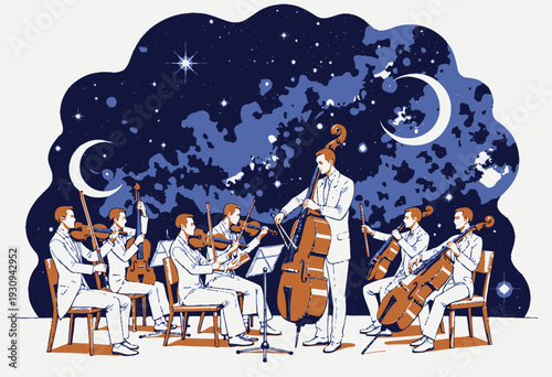 Celestial Symphony: A Orchestra Performing Under a Starry Cosmic Sky with Violins, Cello, and Double Bass in Perfect Harmony