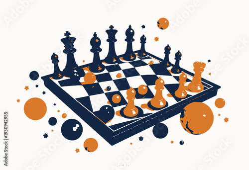 Illustrated Chessboard Floating Among Colorful Planets and Stars with Boldly Contrasting Black and Gold Chess Pieces on a Stylized Checkered Surface