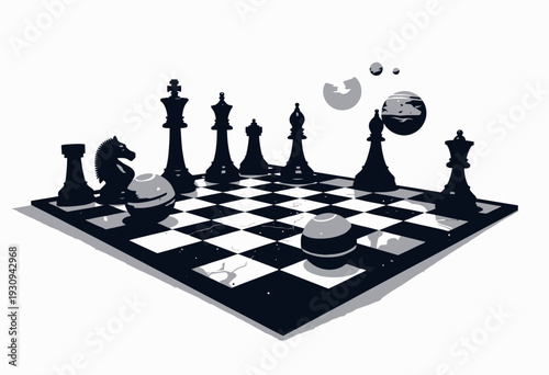 Imaginative Chessboard with Black Pieces and Floating Planets in a Surreal Space-Themed Atmosphere Symbolizing Strategic Thought and Cosmic Exploration