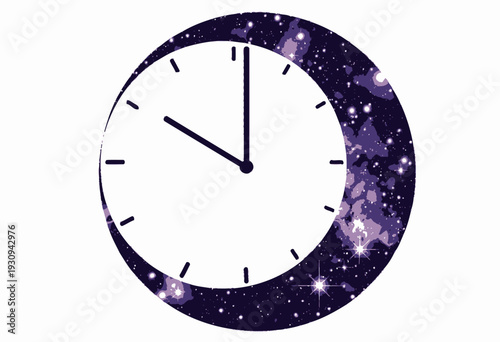 Conceptual Illustration of Time Perception with Cosmic Background Merging Celestial Phenomena and Clock Elements