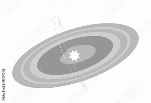 Artistic depiction of a celestial body with surrounding concentric rings and elliptical orbit, evoking the mysterious beauty of planetary systems in the vast universe