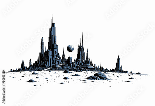 Futuristic Urban Landscape with Towering Skyscrapers and a Distant Planet Amidst Stark, Rocky Terrain under a Clear Horizon