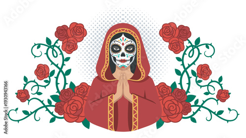 Woman with sugar skull face paint in a red hooded robe with hands clasped in prayer, framed by beautiful red roses.