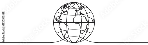 Continuous line drawing globe earth world map illustration depicting global connection and unity with a minimalist aesthetic.