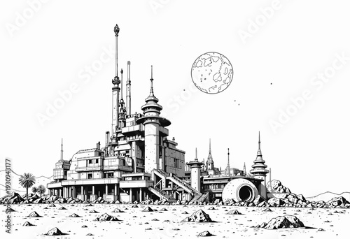 Futuristic Lunar Outpost with Advanced Architectural Structures Under a Barren Landscape Featuring a Detailed Distant Celestial Body