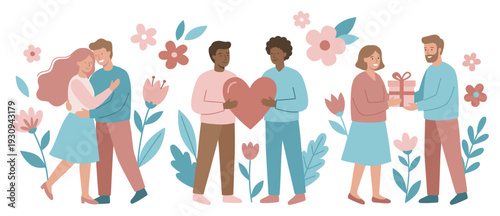 Diverse couples celebrating love and connection with gifts and heartfelt gestures amidst a charming floral illustration.