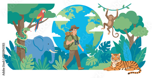 Male explorer walks through a vibrant jungle surrounded by diverse wild animals and lush tropical plants with the Earth behind him.