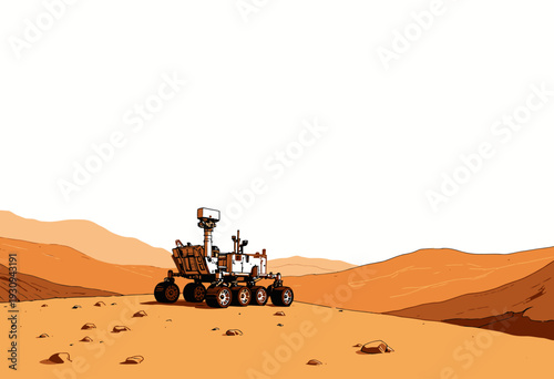 Autonomous Mars Rover Exploring the Rugged Terrain of a Barren Martian Landscape on a Clear Day with Rolling Dusty Hills and Rocky Surface