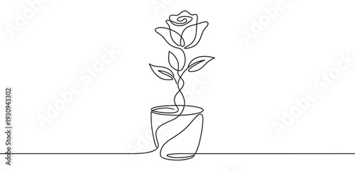 Beautiful rose flower in a pot drawn with a single continuous line art style creating an elegant minimalist illustration.