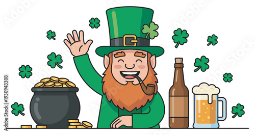 Happy leprechaun waving with a pot of gold and shamrocks, celebrating St. Patrick's Day with beer and good fortune.