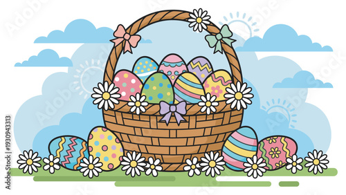 Easter basket with eggs sits on green grass surrounded by daisies under a bright blue sky with fluffy clouds and a cheerful sun.