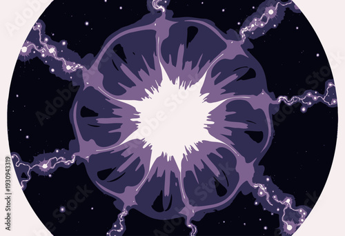 Colorful Plasma Ball with Luminous Electric Arcs and Starry Space Background Creating a Spectacular Cosmic Energy Effect