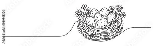 Bird's nest with speckled eggs and flowers is beautifully rendered in a continuous line art drawing style, symbolizing spring and new beginnings.