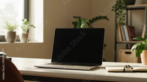 Modern Home Office Workspace with Laptop and Potted Plants