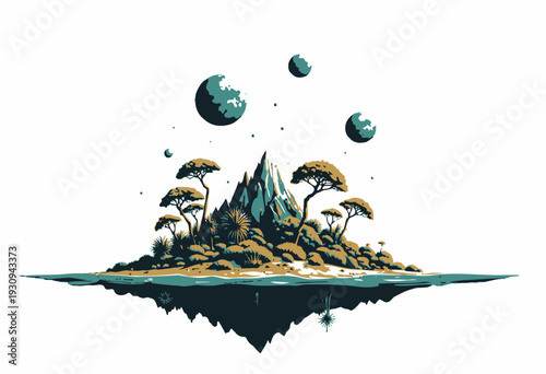 Spectacular Floating Island with Diverse Flora and Multiple Spherical Planets in Surreal Atmospheric Space Landscape Setting