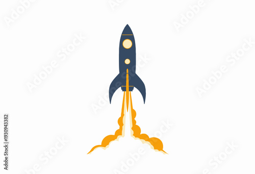 Illustration of a Blue Rocket Launching with Fiery Thrust on White Background Symbolizing Innovation and Progress in Space Exploration Technology