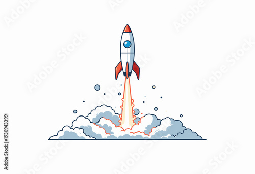 Illustration of a Rocket Launching with Flames and Smoke Over a Clean White Background Signifying Exploration and New Beginnings