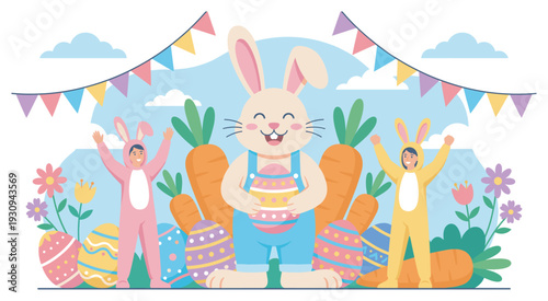 Happy Easter bunny characters celebrate spring with colorful eggs and festive decorations under a bright blue sky.