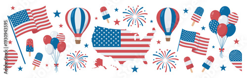 American patriotic symbols collection featuring flags, balloons, fireworks, and popsicles in vibrant red, white, and blue colors.