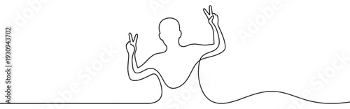 Minimalist continuous line art drawing of a person making a peace sign with both hands, symbolizing victory, success, and harmony.