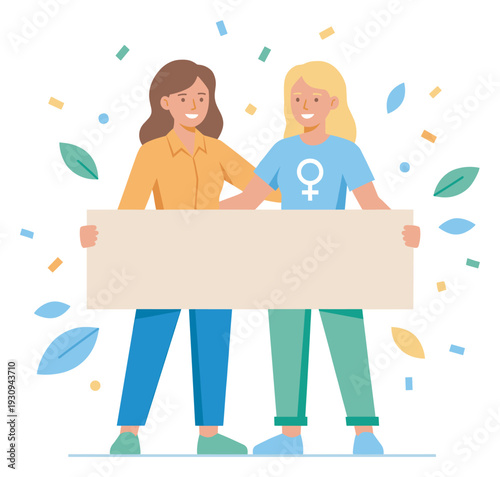 Two women holding a blank banner together, smiling happily, celebrating female empowerment amidst colorful confetti and leaves.