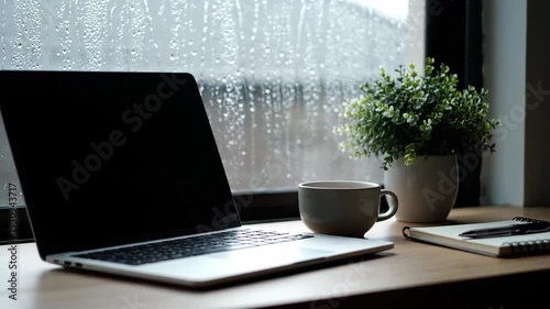 Remote Work Laptop Coffee Rainy Window Cozy Desk Setup