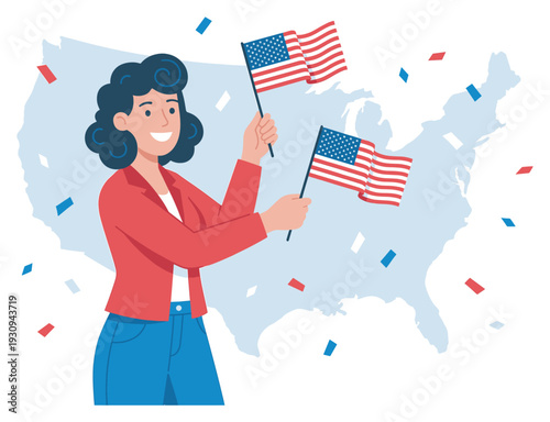 Smiling woman proudly holds two American flags, celebrating national holidays, democratic values, and patriotic spirit.