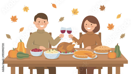 Happy couple enjoying a festive Thanksgiving dinner together at a beautifully set table adorned with traditional autumn decorations.