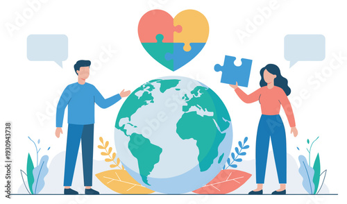 Man woman globe heart puzzle collaboration for global unity, understanding, and communication to solve world issues.