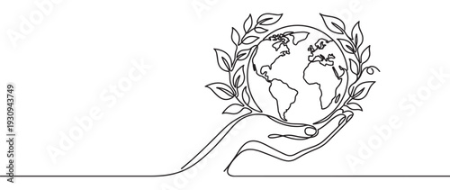 Human hand holding planet Earth surrounded by leaves, representing environmental protection, sustainability, and global care in a minimalist continuous line art style.