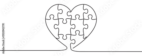 Continuous line art heart shaped puzzle pieces illustrating concepts of connection, unity, and finding solutions.