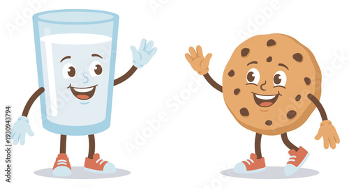 Cheerful milk glass and chocolate chip cookie characters are happily waving hello with big smiles, representing a classic snack combination.