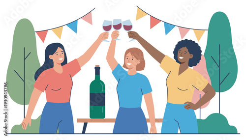 Three diverse women friends happily celebrating outdoors with wine glasses, enjoying a festive gathering under colorful party bunting.