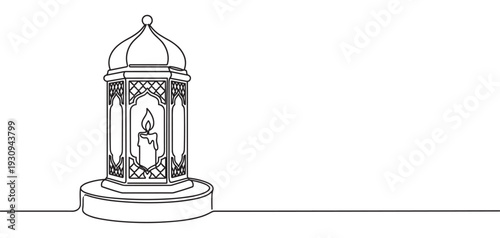 Ornate lantern with a lit candle drawn in a continuous single line art style, symbolizing celebration and tradition.