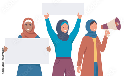 Muslim women holding signs and megaphone are actively participating in a peaceful protest or advocacy event, expressing their voices and demanding change.