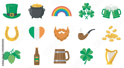 St. Patrick's Day icons and symbols are beautifully illustrated in a vibrant collection of traditional Irish elements.